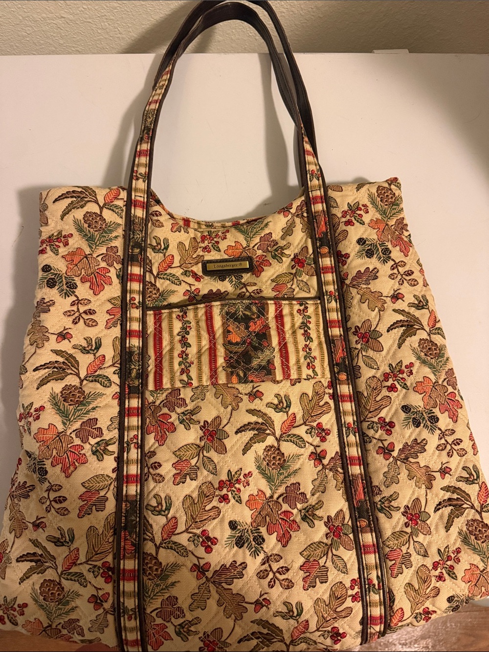 Longaberger Floral Tapestry Tote Bag - Beige with Autumn Floral Pattern